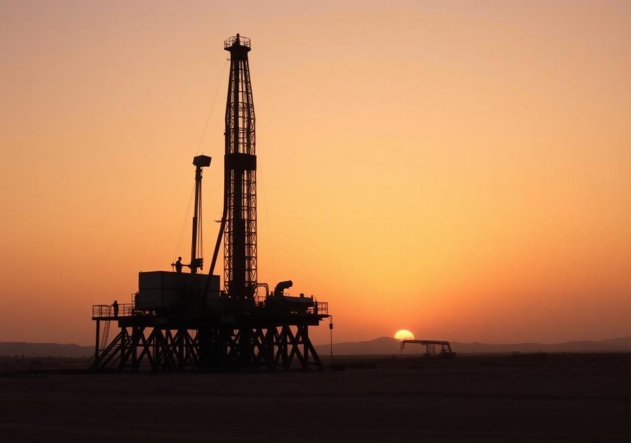 Onshore drilling rig at dusk